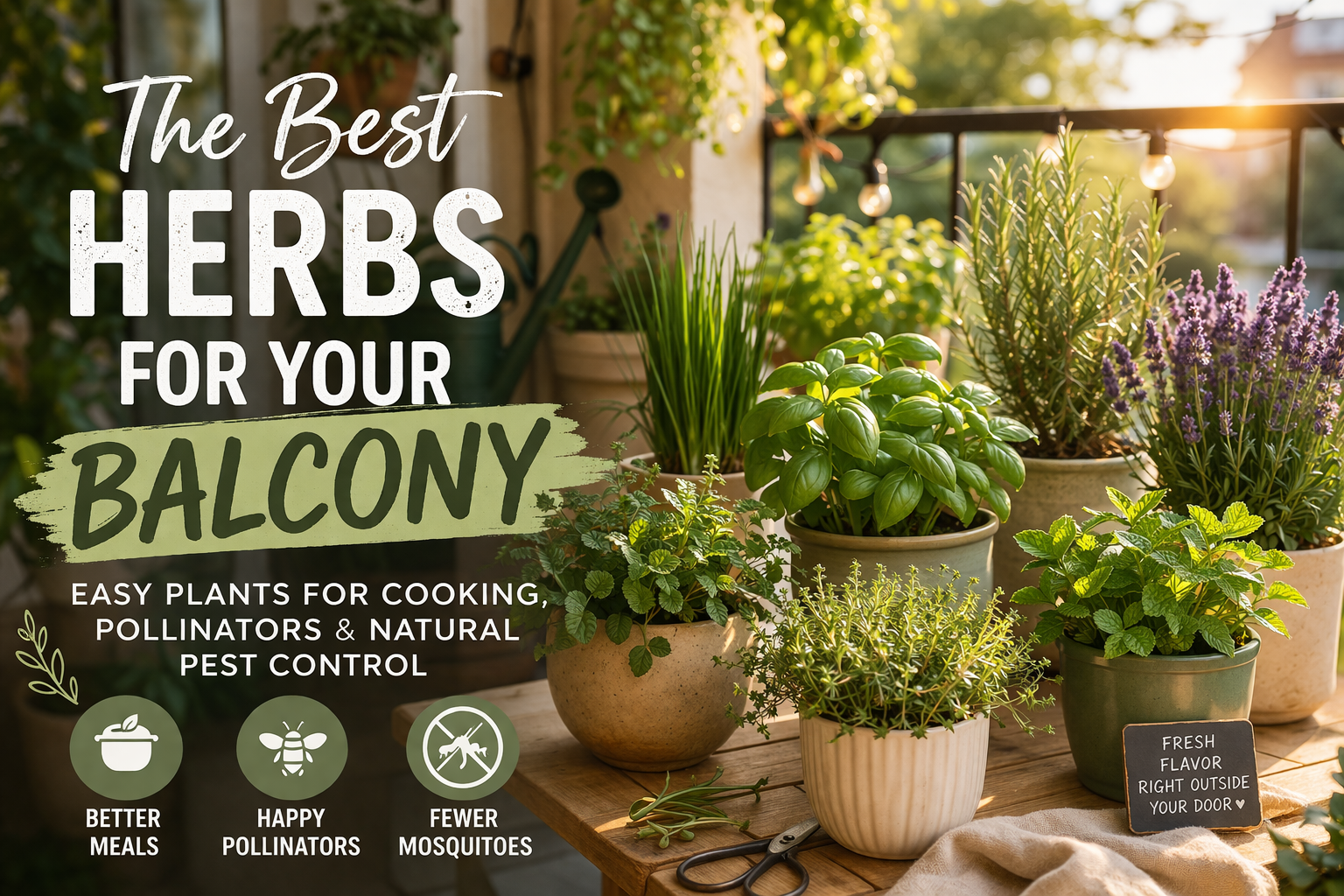 A sunny balcony with potted herbs like basil, rosemary and lavender, creating a small herb garden for cooking and pollinators