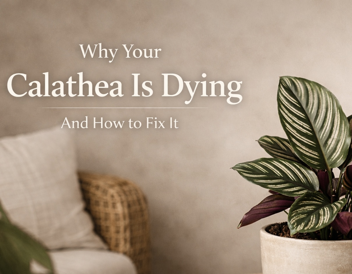 Calathea care guide – healthy plant with patterned leaves in indoor setting