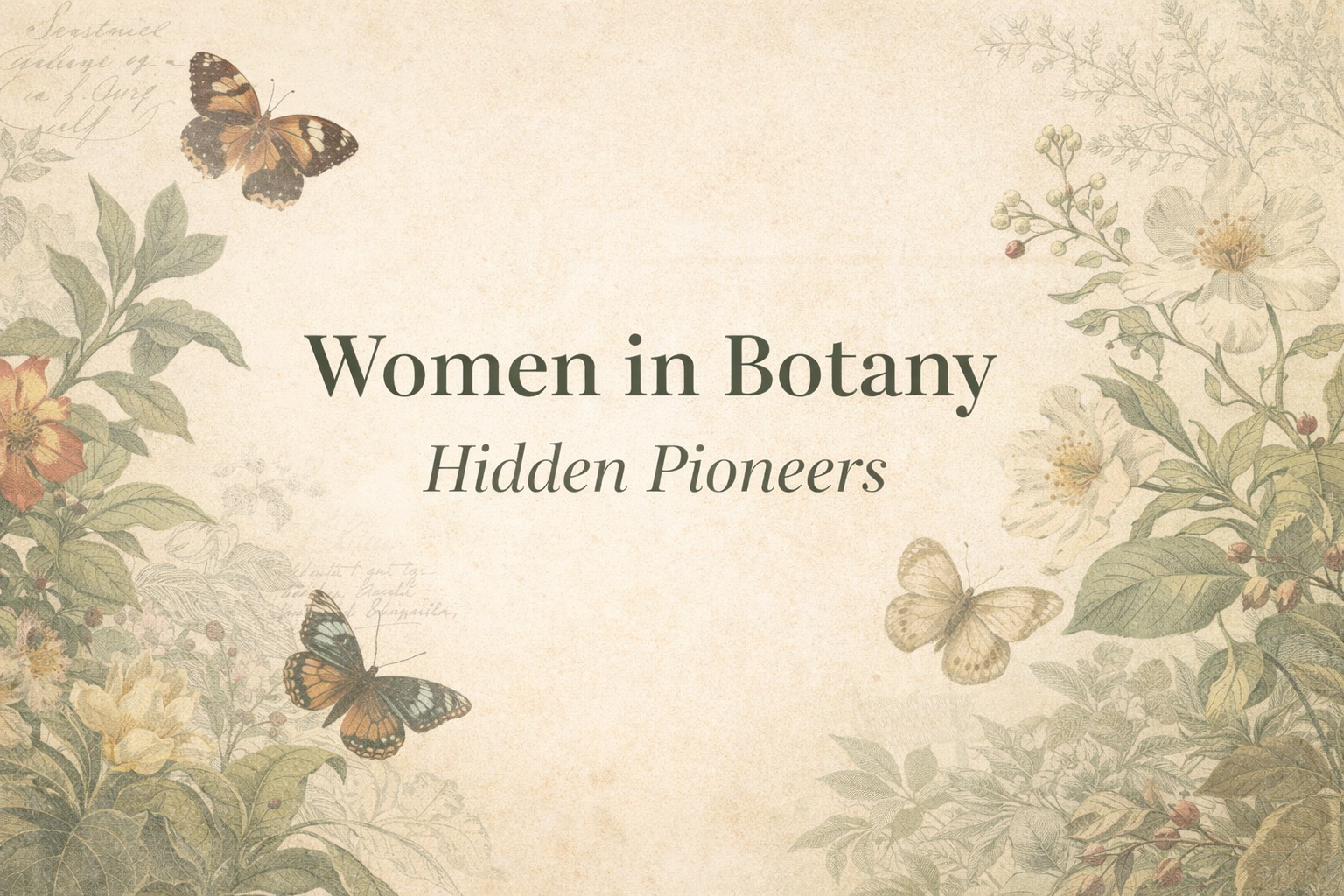 Vintage botanical illustration with plants and butterflies representing women in botany and scientific discovery