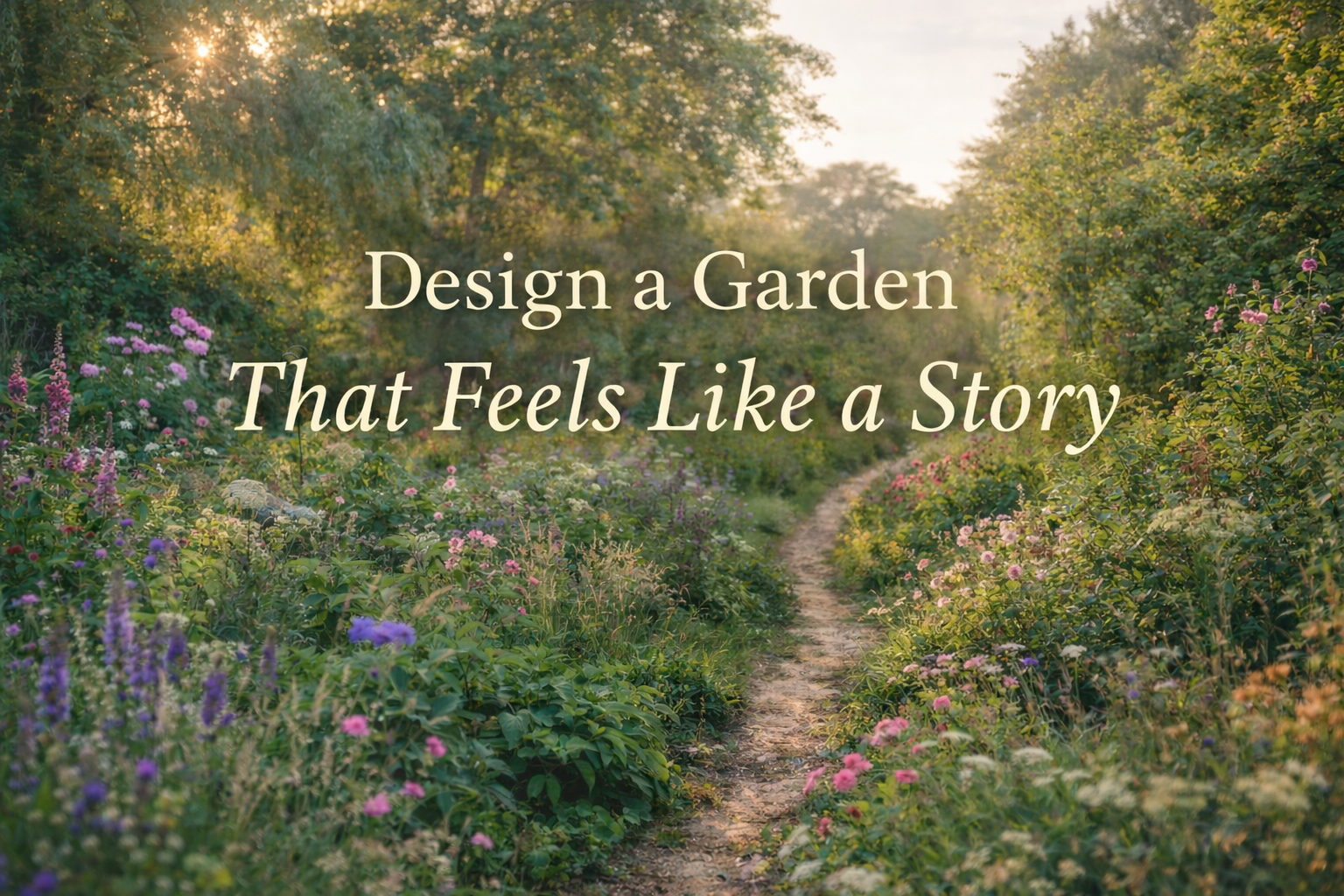 Winding garden path through a natural, overgrown garden with soft light, illustrating atmospheric garden design and storytelling layout.