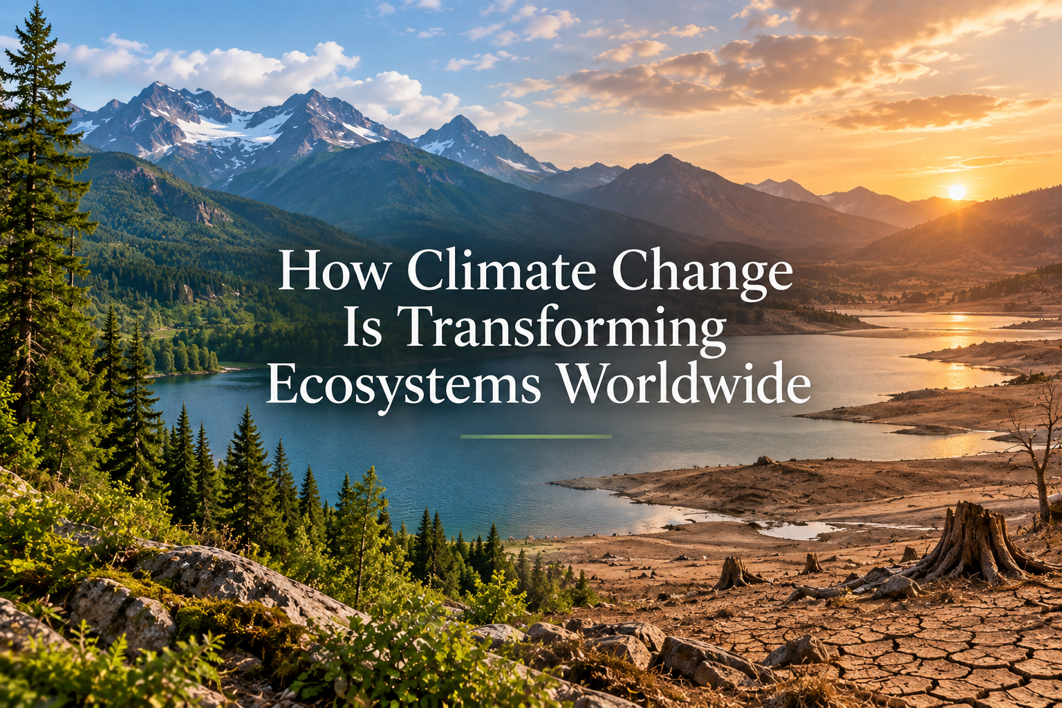A changing mountain ecosystem showing lush green forest and water transitioning into a dry, drought-affected landscape.