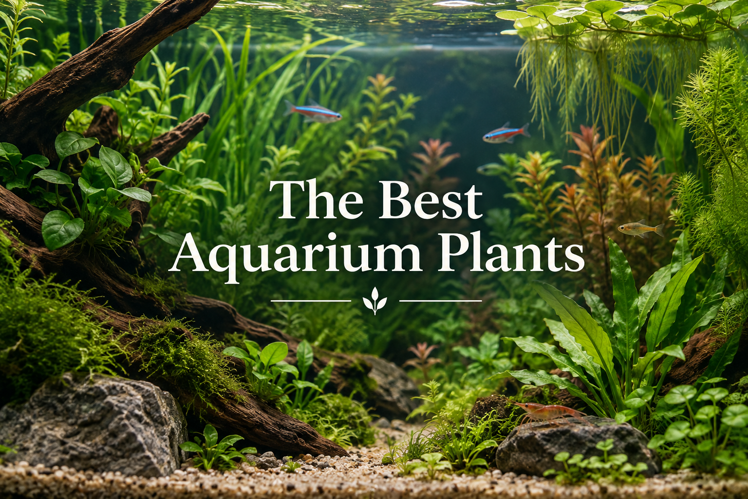 A lush planted freshwater aquarium with aquatic plants, driftwood, rocks and small fish.