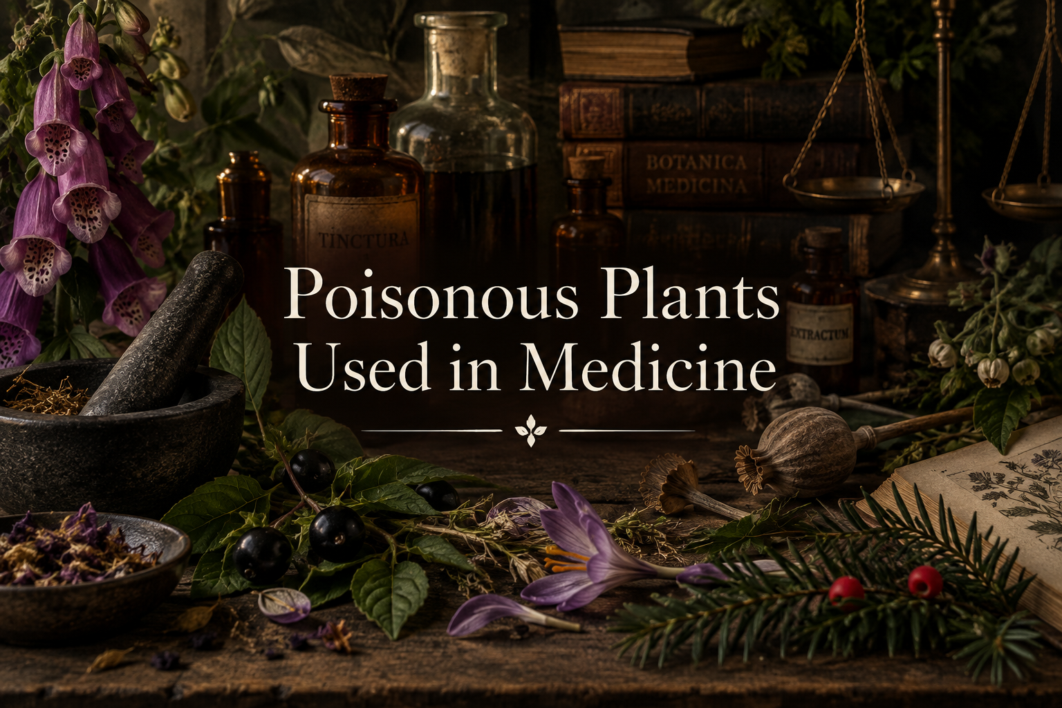 Poisonous medicinal plants arranged with vintage apothecary bottles, a mortar and botanical objects on a dark wooden table.